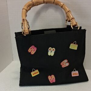Tiannl Black Canvas Tote with Bamboo Handles and Colorful Embroidery7in by 9 1/2